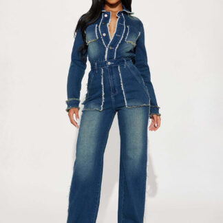 Frayed Trim Denim Jumpsuit For Women - Raw Edge Distressed Wide Leg Bodycon Jean Romper - Spring Casual Streetwear 2026
