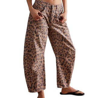 Free People We The Free Good Luck Leopard Barrel Leg Jeans in Brown Sugar