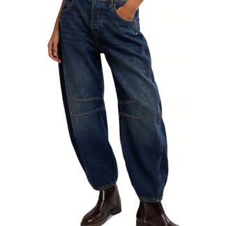 Free People We The Free Good Luck Mid Rise Barrel Jeans in Deep End