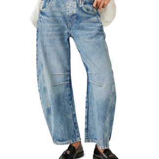 Free People We The Free Good Luck Mid Rise Barrel Jeans in Ultra Light Beam