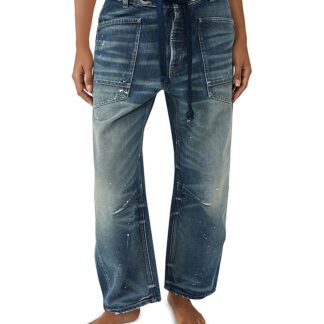 Free People We The Free Moxie Low Slung Pull On Barrel Jeans in Timeless Blue