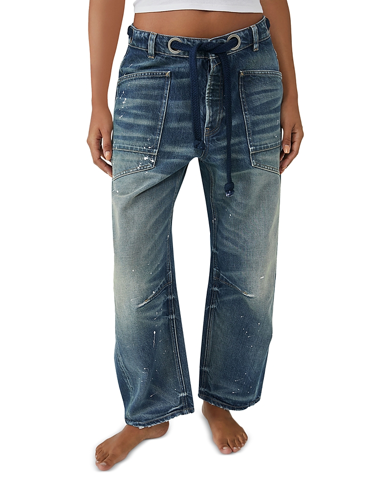 Free People We The Free Moxie Low Slung Pull On Barrel Jeans in Timeless Blue