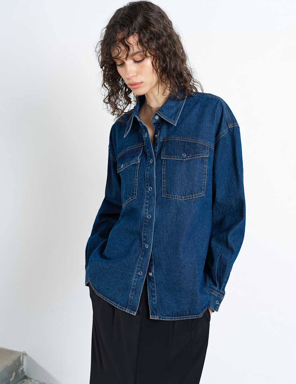French Connection Denim Collared Pocket Detail Shirt Blue Denim