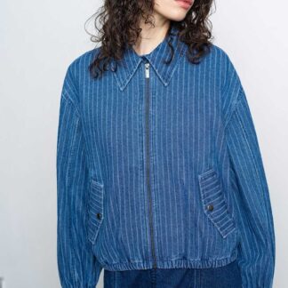 French Connection Denim Pinstriped Bomber Jacket Denim Mix