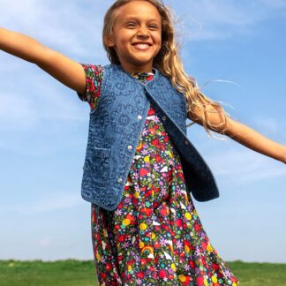 Frugi Denim Floral Embroidered Waistcoat (1-12 Yrs) Blue