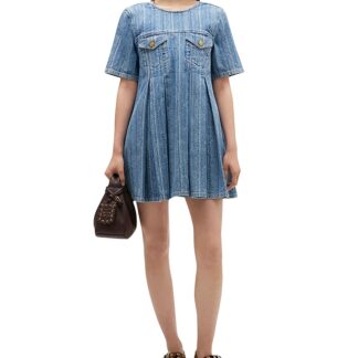 Ganni Striped Denim Pleated Dress