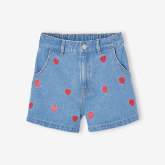 Girls' denim shorts with heart motifs medium blue