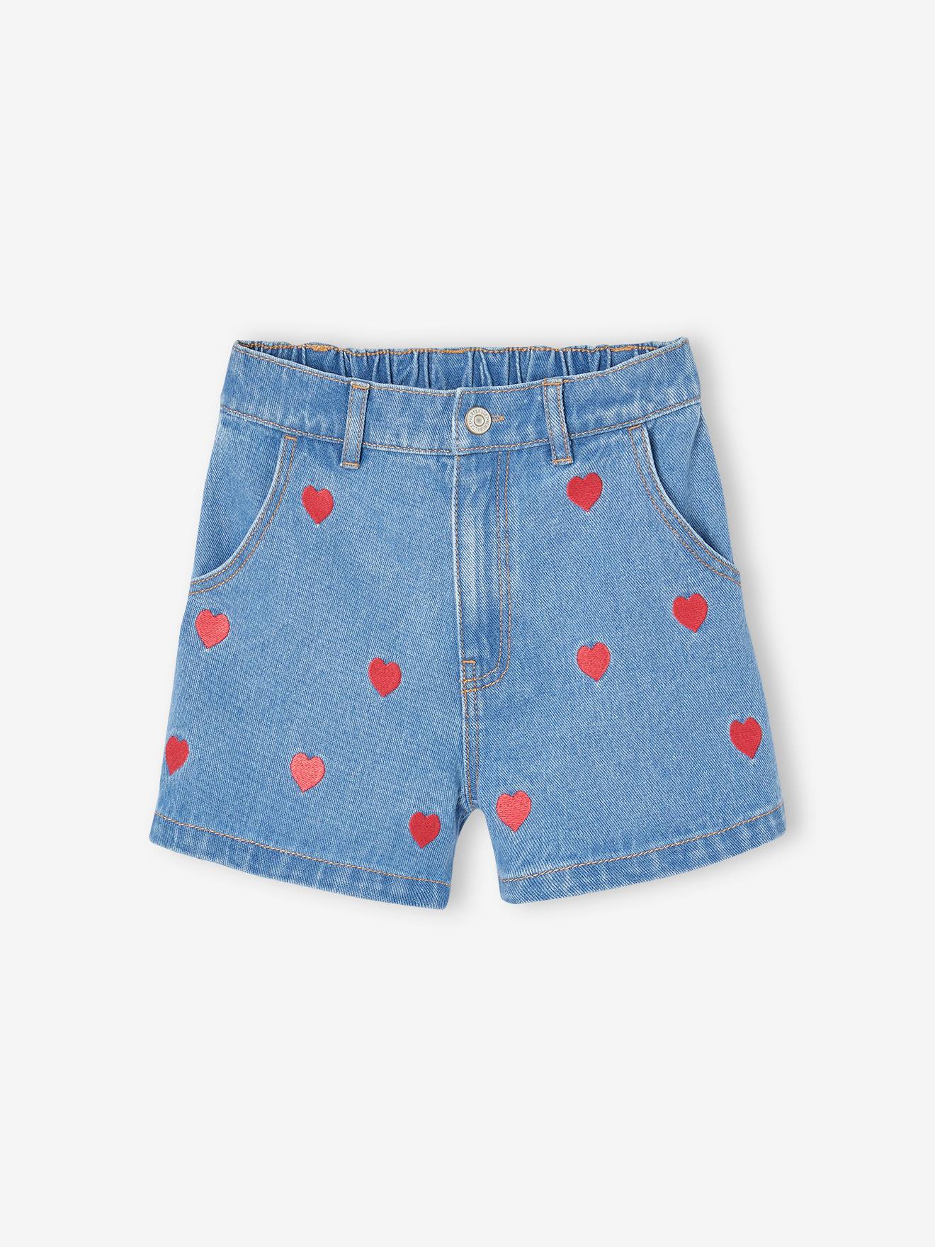 Girls' denim shorts with heart motifs medium blue