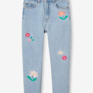 Girls' embroidered floral Mom jeans light blue
