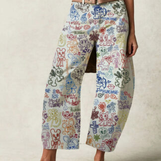 Graffiti Print Barrel Jeans For Women - Boho Horseshoe Cut Wide Leg Denim Trousers - Spring Picnic Outfit 2026