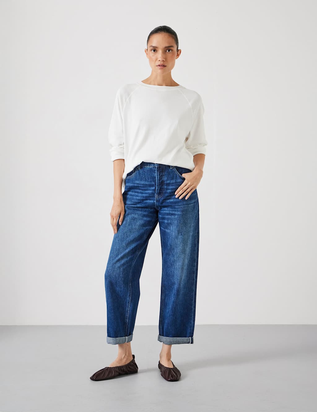HUSH Boyfriend Mid Rise Cropped Turn Up Jeans Mid Blue