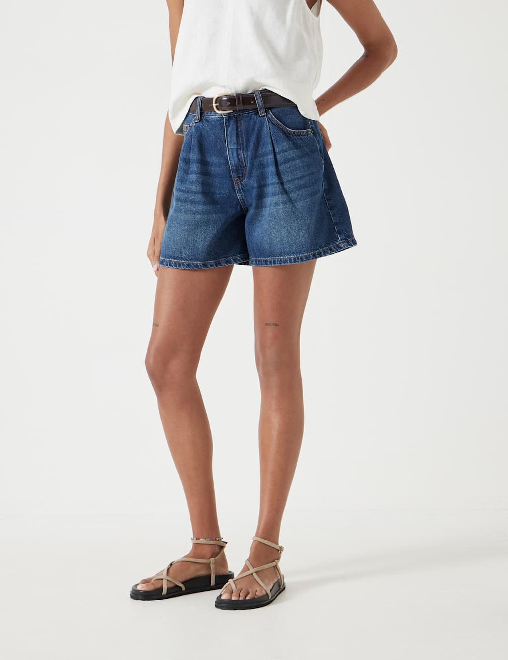 HUSH Denim Pleat Front Shorts Blue Denim