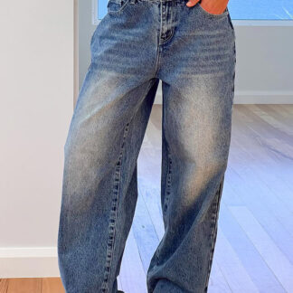 Heart Pocket Wide Leg Jeans For Women - Acid Wash Blue Y2K Baggy Straight Denim Pants - Spring Date Night Streetwear 2026