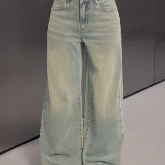 High Rise Baggy Jeans For Women - Light Blue Dirty Effect Wide Leg Washed Denim Pants - Spring Music Festival 2026