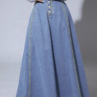 High Waisted Paneled Denim Maxi Skirt For Women - Blue Boho A-Line Flared Long Skirt With Buttons - Spring Casual Streetwear 2026