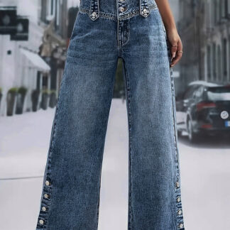 High Waisted Wide Leg Jeans For Women - Medium Blue Vintage Side Button Relaxed Denim Pants - Spring Chic Streetwear 2026