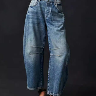 Horseshoe Barrel Jeans For Women - Baggy Wide Leg Washed Denim Trousers With Curved Seam - Spring Streetwear 2026