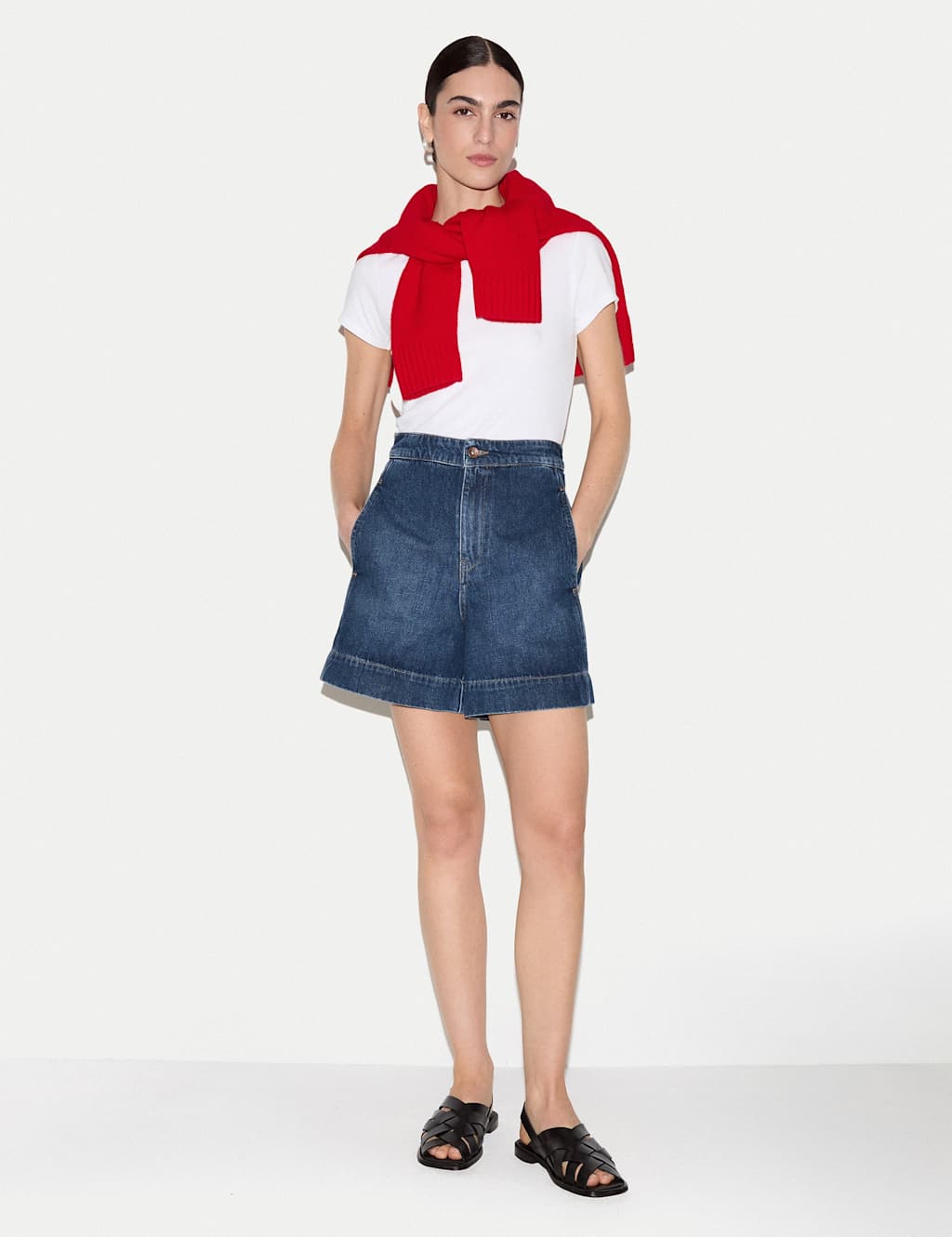 Jigsaw Denim High Waisted Seam Detail Shorts Blue
