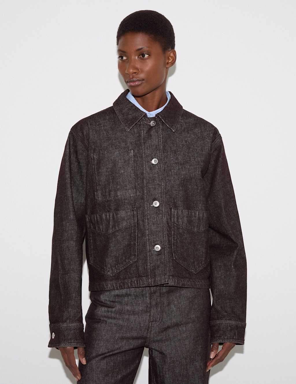 Jigsaw Denim Textured Cropped Jacket Dark Brown