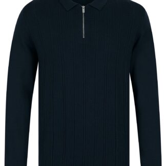 Jumpers Bowditch Long Sleeve Knitted Cotton Textured Stripe Polo Shirt with Zip Fasten Collar in Ink - Kensington Eastside / XL - Tokyo Laundry