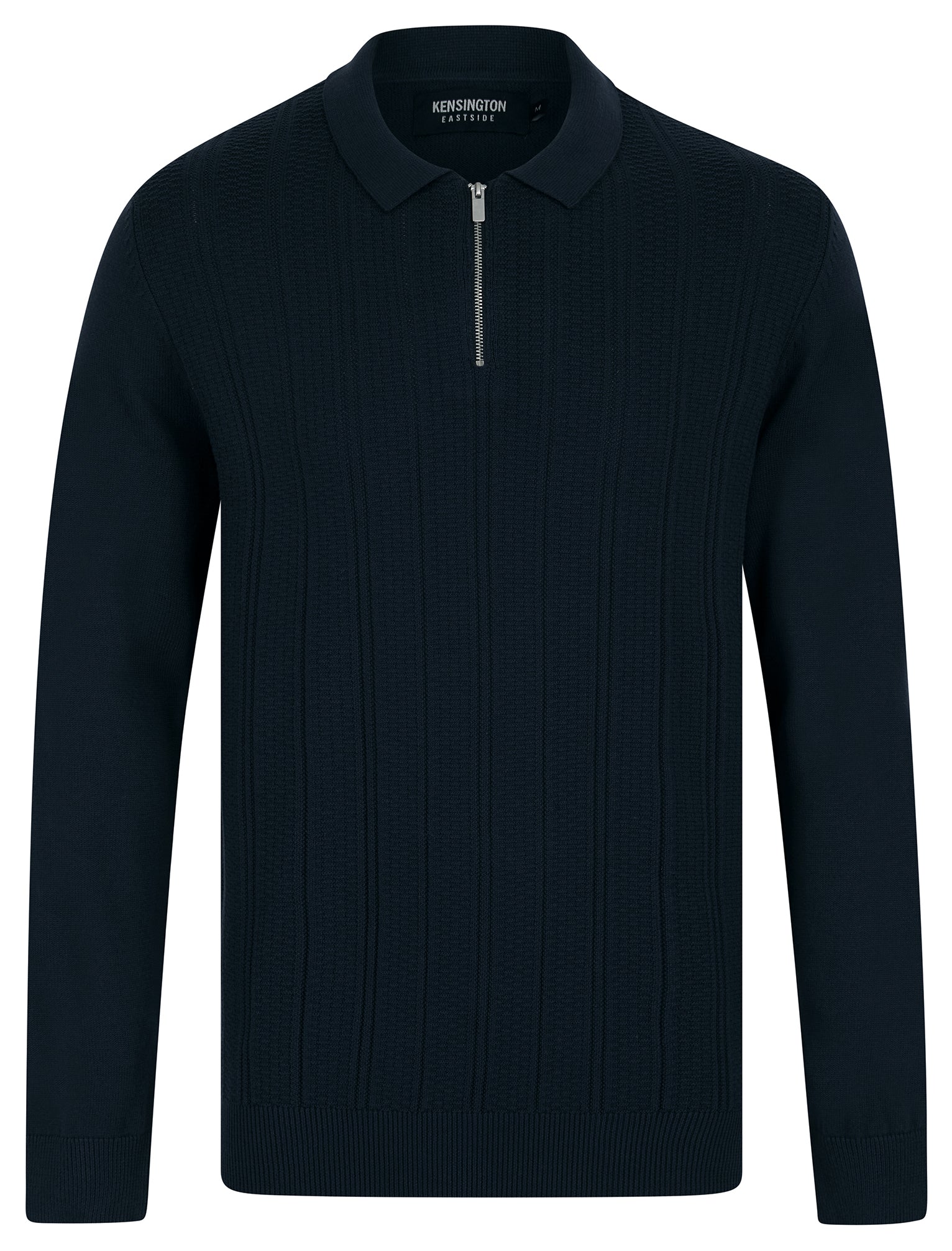 Jumpers Bowditch Long Sleeve Knitted Cotton Textured Stripe Polo Shirt with Zip Fasten Collar in Ink - Kensington Eastside / XL - Tokyo Laundry