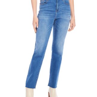 Karen Kane Petite High Rise Raw Hem Straight Jeans in Denim