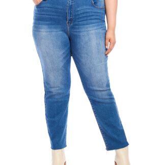 Karen Kane Plus Size High Rise Raw Hem Straight Jeans in Denim