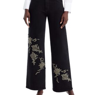 Kobi Halperin Lyla Beaded Floral Wide Leg Jeans in Black