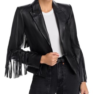 L'Agence Vashti Leather Fringe Trim Blazer