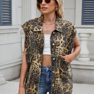 Leopard Print Denim Vest For Women - Animal Pattern Oversized Sleeveless Jean Jacket Coat - Spring Summer Streetwear 2026