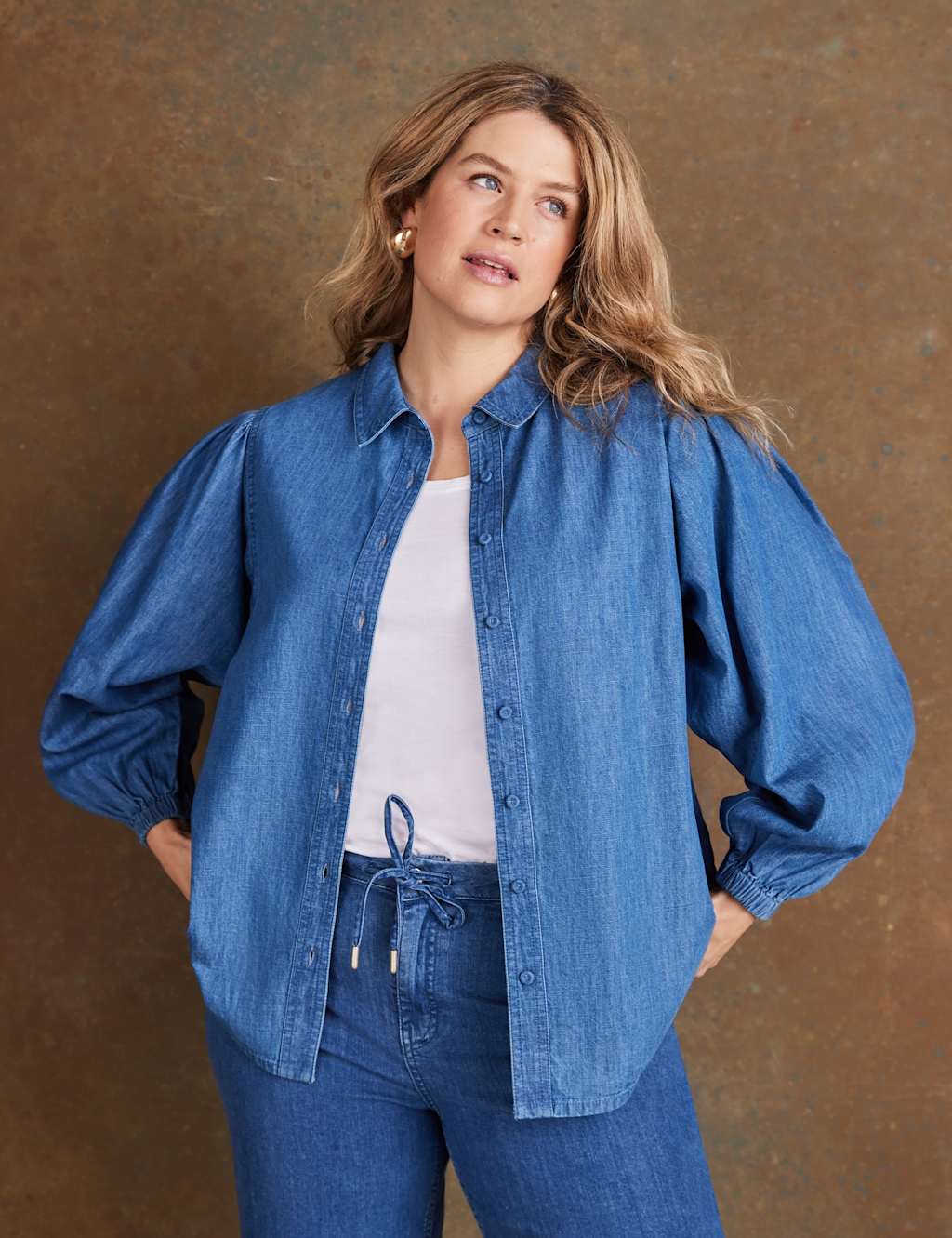 Live Unlimited London Denim Collared Button Through Shirt Blue