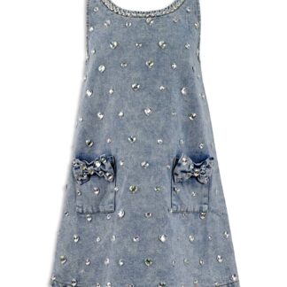 Lola + The Boys Girls' Crystal Heart Denim Bow Dress - Little Kid, Big Kid