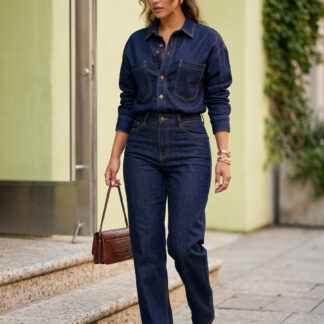 Long Sleeve Denim Jumpsuit For Women - Blue Button Down Straight Leg One Piece Jean Romper - Spring Casual Streetwear 2026
