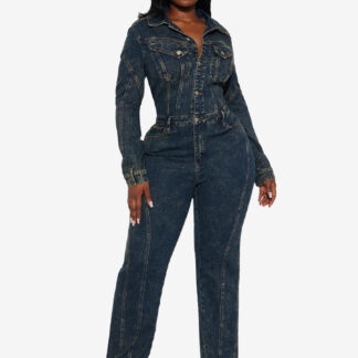Long Sleeve Denim Jumpsuit For Women - Dark Wash Vintage Button Up Wide Leg Bodycon Playsuit - Spring Streetwear 2026