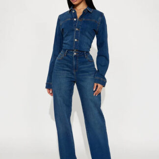Long Sleeve Denim Jumpsuit For Women - Dark Wash Vintage Slim Fit Straight Leg Button Up Jean Romper - Spring Outdoor 2026
