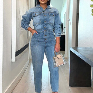 Long Sleeve Denim Jumpsuit For Women - Washed Blue Utility Elastic Waist Pencil Overalls - Spring Daily Streetwear 2026