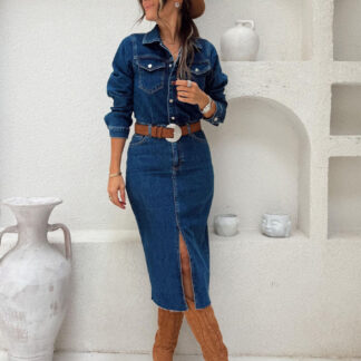 Long Sleeve Denim Midi Dress For Women - Blue Western Style Button Front Split Front Bodycon Jean Dress - Spring Daily Casual 2026
