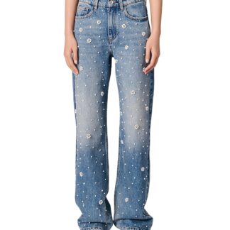 Maje Embellished High Rise Wide Leg Jeans in Blue