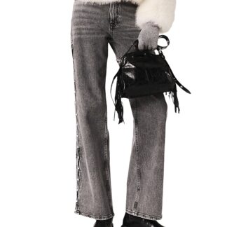 Maje Perline High Rise Beaded Wide Leg Jeans in Grey