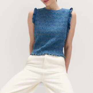 M&S Denim Shirred Tank Top Blue Denim