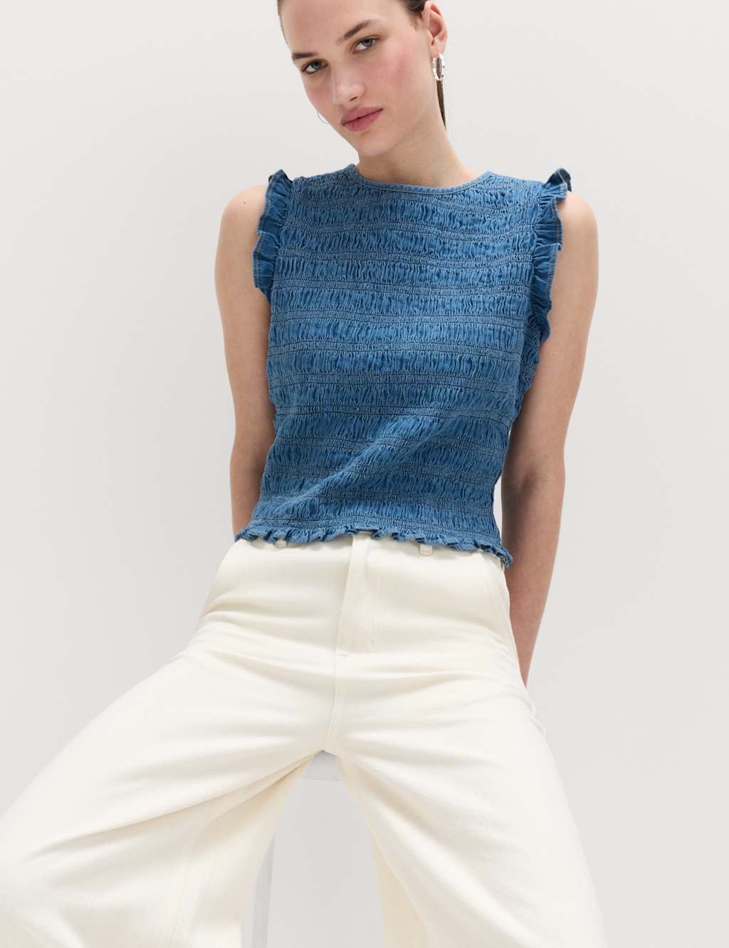 M&S Denim Shirred Tank Top Blue Denim