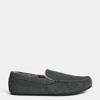 M&S Suede Fleece Lined Moccasin Slippers Med Blue Denim