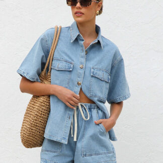 Medium Washed Denim 2 Piece Set For Women - Drawstring Shorts With Button Up Shirt - Summer Casual Vacation Outfits 2026