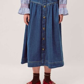 Monsoon Denim Button Front Midi Skirt Mid Blue