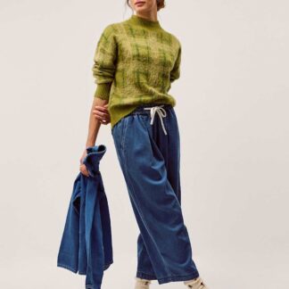 Monsoon Denim Drawstring Wide Leg Trousers Blue