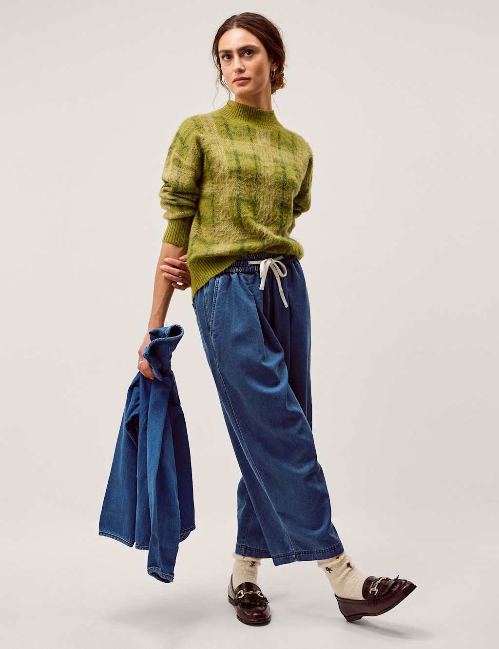 Monsoon Denim Drawstring Wide Leg Trousers Blue