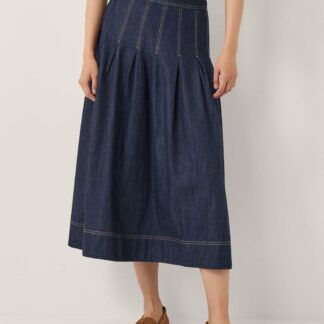 Monsoon Denim Pleated Midi Skirt Indigo