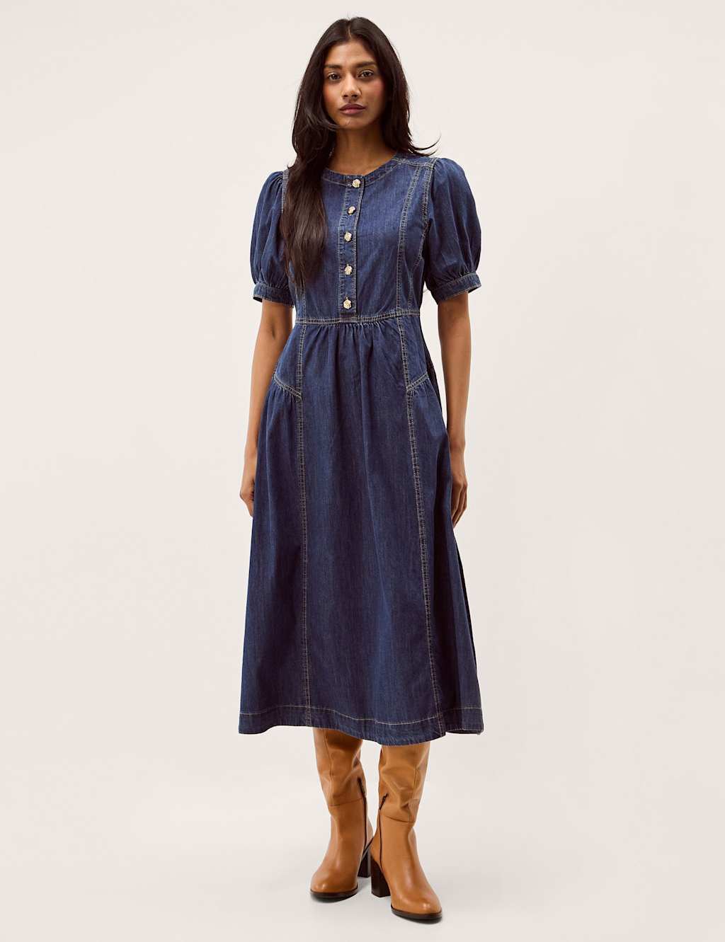 Monsoon Denim Round Neck Midi Waisted Dress Blue Denim