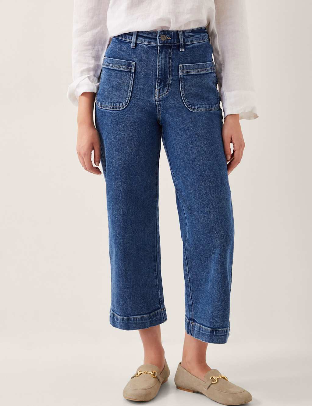 Monsoon High Waisted Straight Leg Cropped Jeans Mid Blue