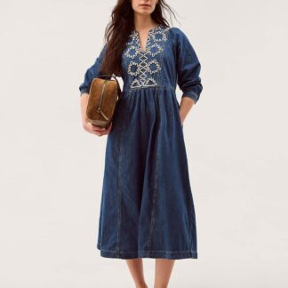 Monsoon Pure Cotton Denim V-Neck Midi Waisted Dress Light Blue Mix